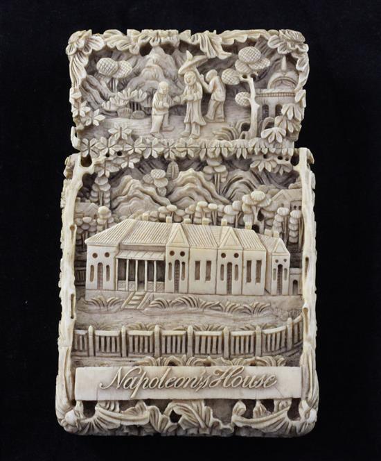 Napoleon Bonaparte Interest: A Chinese export ivory card case, c.1821, 11cm, losses to cover